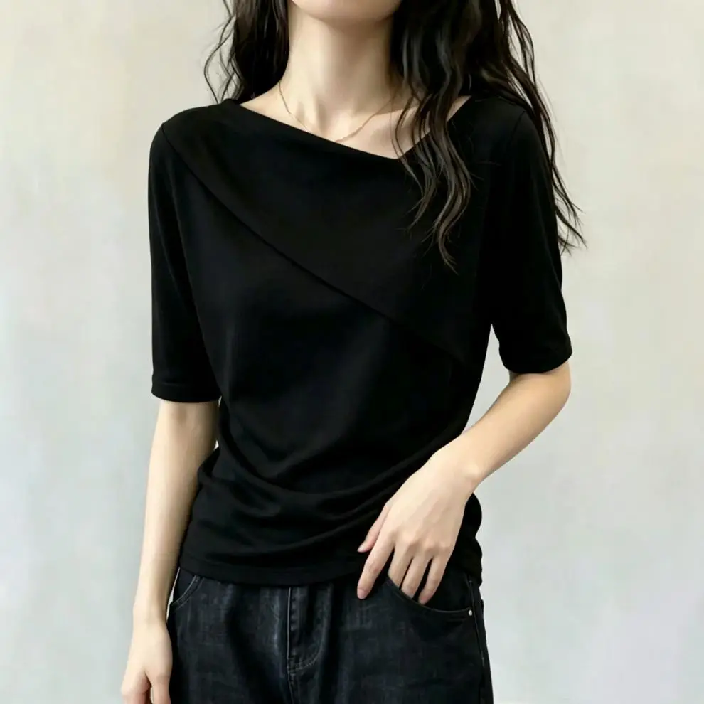 Chic Design with a Unique Shoulder Cut and Asymmetrical Neckline, Short-Sleeve T-Shirt for Women, New Summer Style, Loose Fit for Plus-Size, Slimming, Versatile, Age-Reducing Top — feature 5