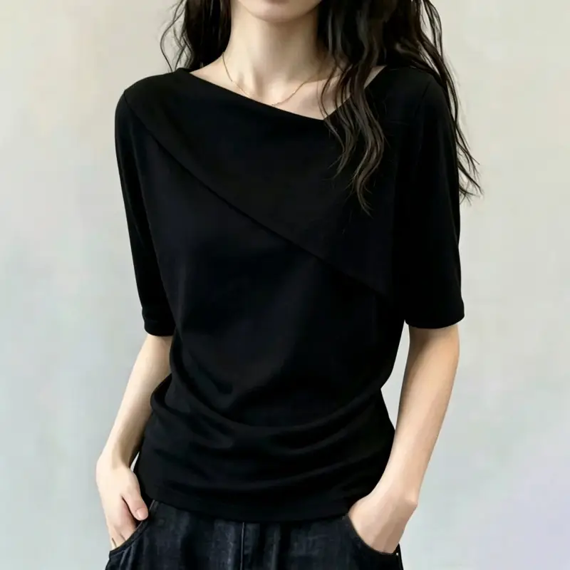 Chic Design with a Unique Shoulder Cut and Asymmetrical Neckline, Short-Sleeve T-Shirt for Women, New Summer Style, Loose Fit for Plus-Size, Slimming, Versatile, Age-Reducing Top