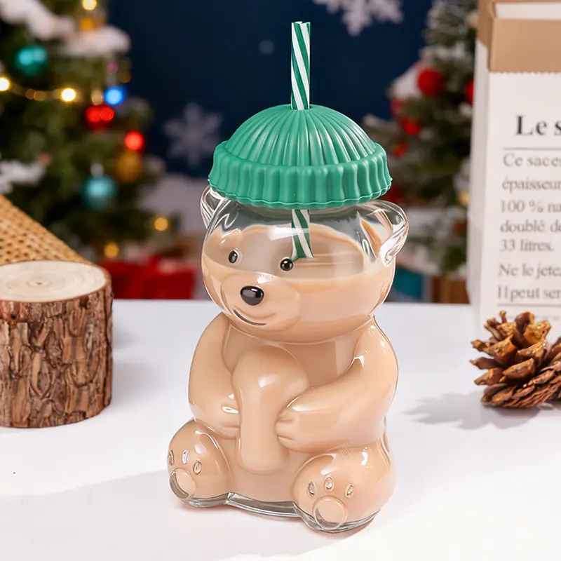 Cross-Border Supply of Christmas Bear Glass Cups, Cute and Aesthetically Pleasing Water Cups, Wholesale Cartoon Drink Straw Cups Factory