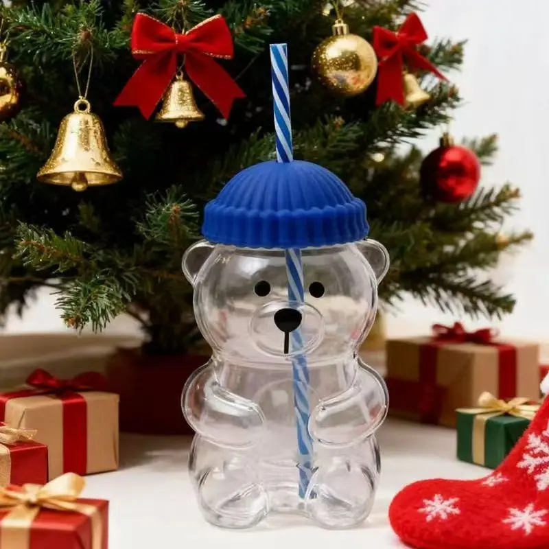 Cross-Border Supply of Christmas Bear Glass Cups, Cute and Aesthetically Pleasing Water Cups, Wholesale Cartoon Drink Straw Cups Factory