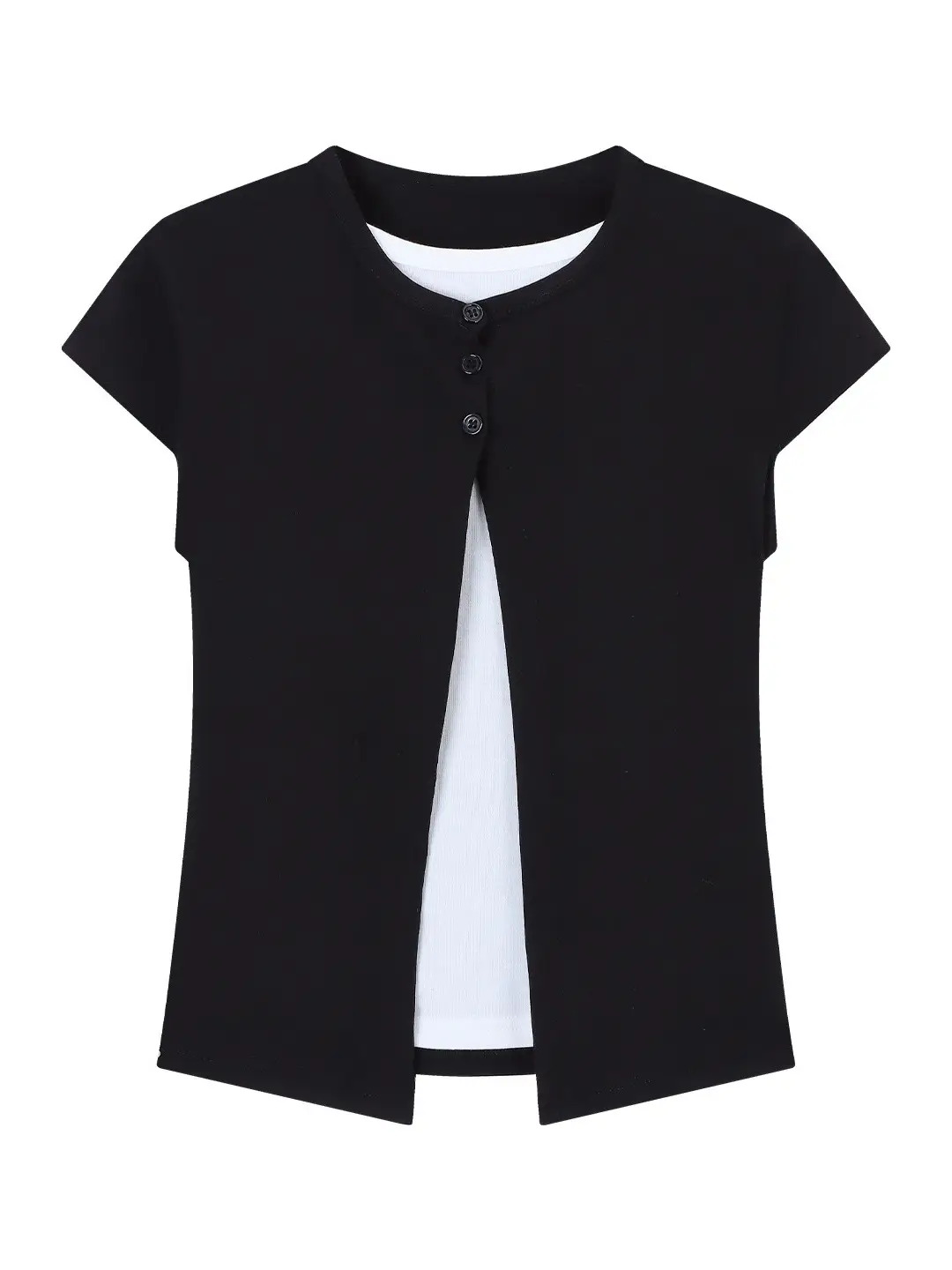 Korean-Style Black Fake Two-Piece Short-Sleeve T-Shirt for Women, Summer 2026 New Design, Slim-Fit Short Top, Ins Style