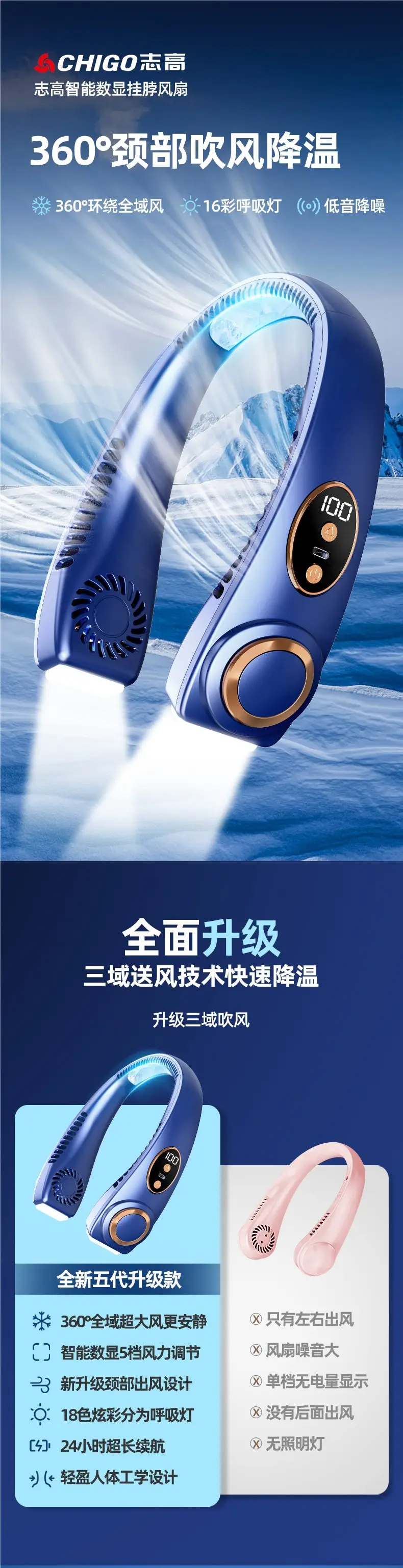Neck-Hanging Fan, Small Fan, Portable Neck Fan, Hands-Free Wearable Mini Rechargeable Fan, Neck and Ear-Hanging Fan — feature 2