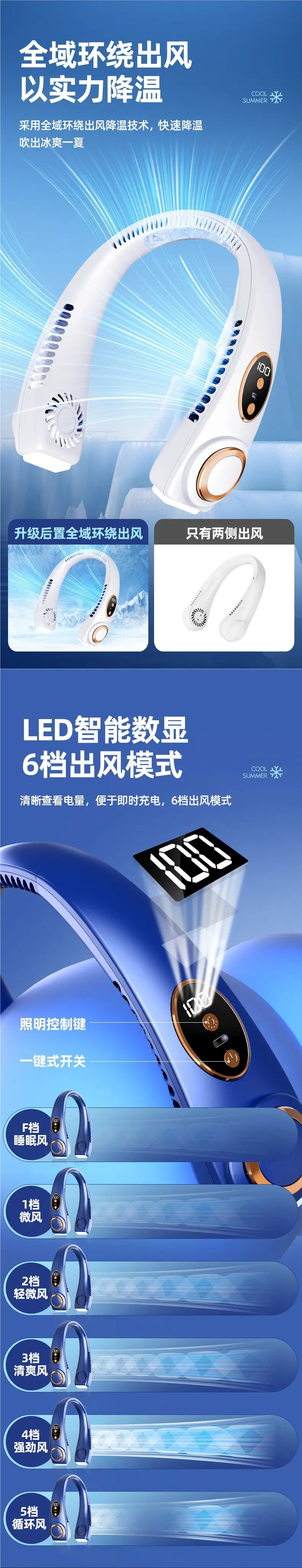 Neck-Hanging Fan, Small Fan, Portable Neck Fan, Hands-Free Wearable Mini Rechargeable Fan, Neck and Ear-Hanging Fan — feature 3