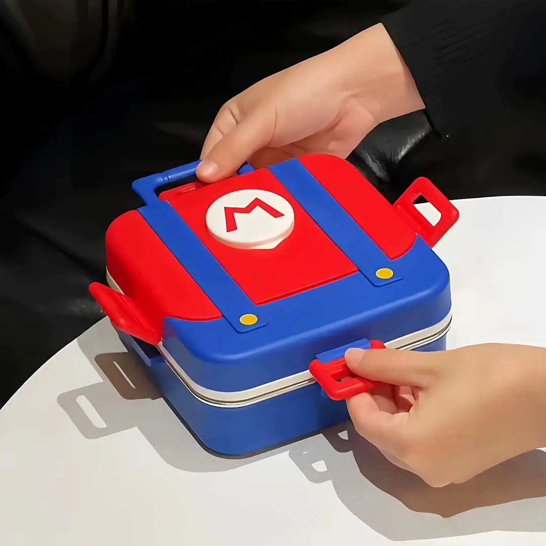 Mario Small School Bag Lunch Box 304 Stainless Steel Lunch Box Creative Cartoon Lunch Box for Students and Office Workers with Compartments