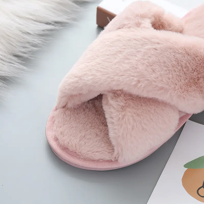 Crossed Fur Slippers for Women, New Autumn and Winter Style, Flat Non-Slip Indoor Floor Slippers, Air Conditioning Slippers