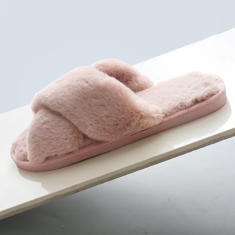 Crossed Fur Slippers for Women, New Autumn and Winter Style, Flat Non-Slip Indoor Floor Slippers, Air Conditioning Slippers