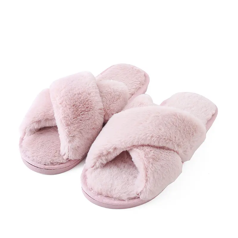 Crossed Fur Slippers for Women, New Autumn and Winter Style, Flat Non-Slip Indoor Floor Slippers, Air Conditioning Slippers