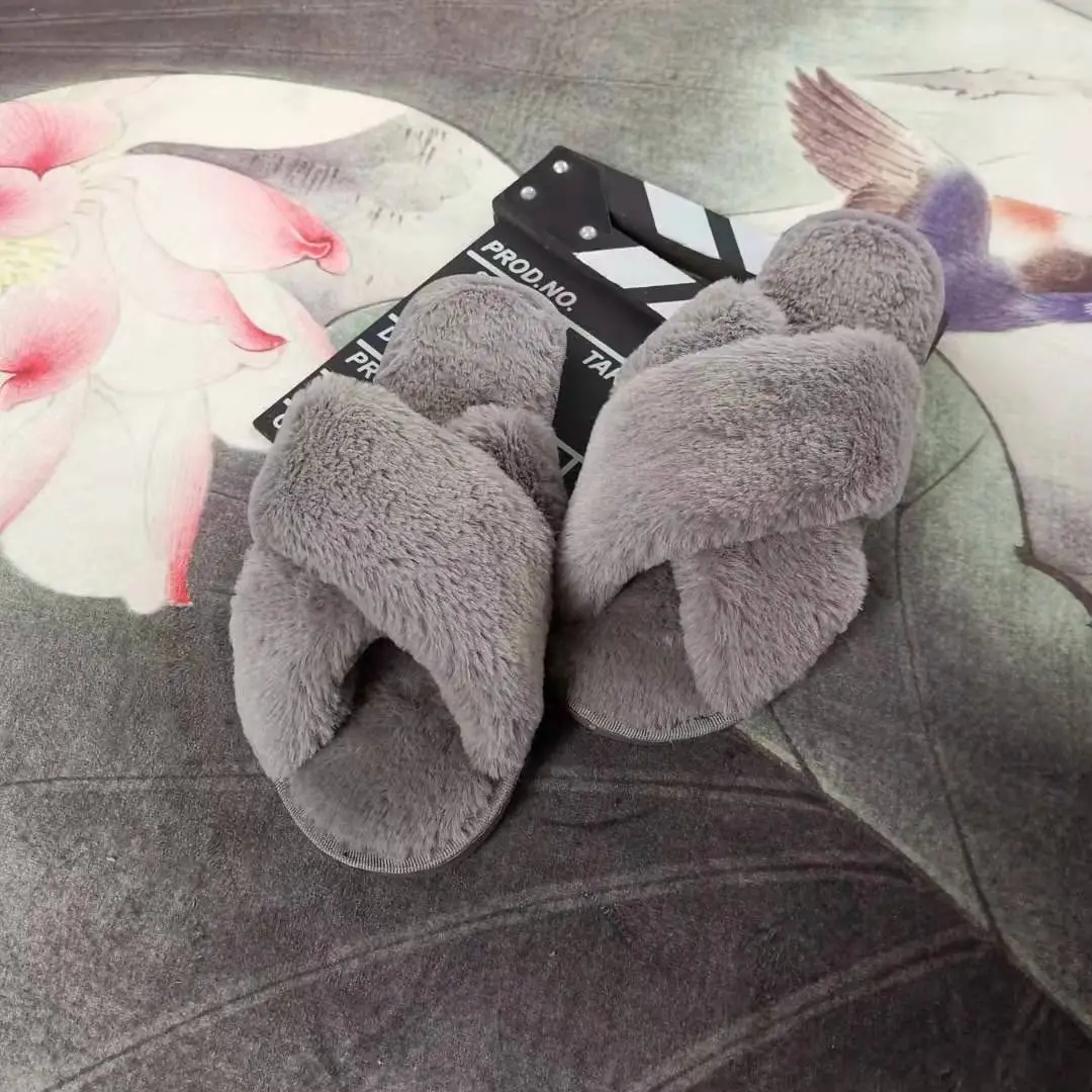 Crossed Fur Slippers for Women, New Autumn and Winter Style, Flat Non-Slip Indoor Floor Slippers, Air Conditioning Slippers