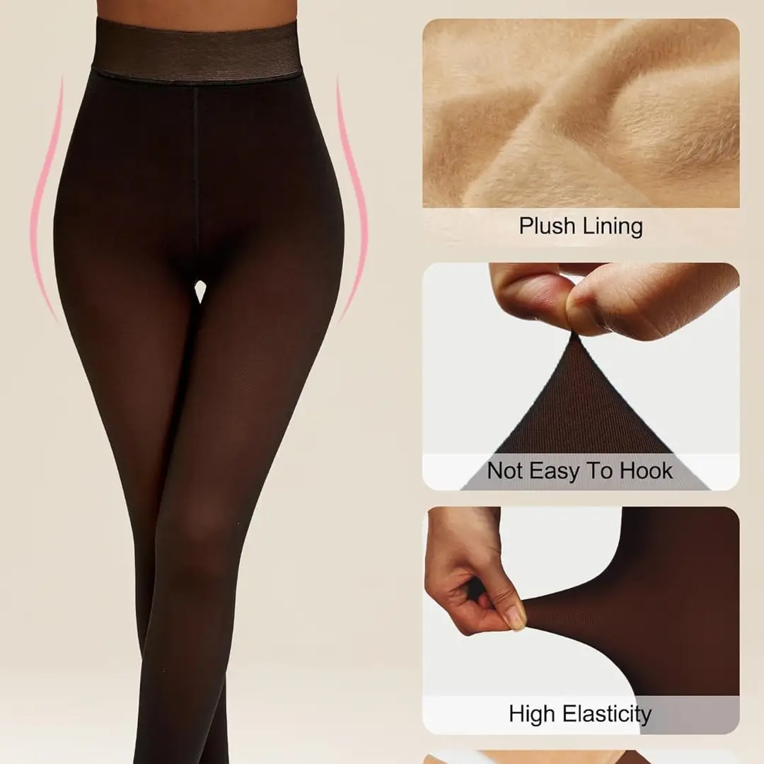 Amazon Cross-Border High-Waisted Tummy Control Faux Sheer Pantyhose Women's Fleece-Lined Faux Translucent Thermal Leggings