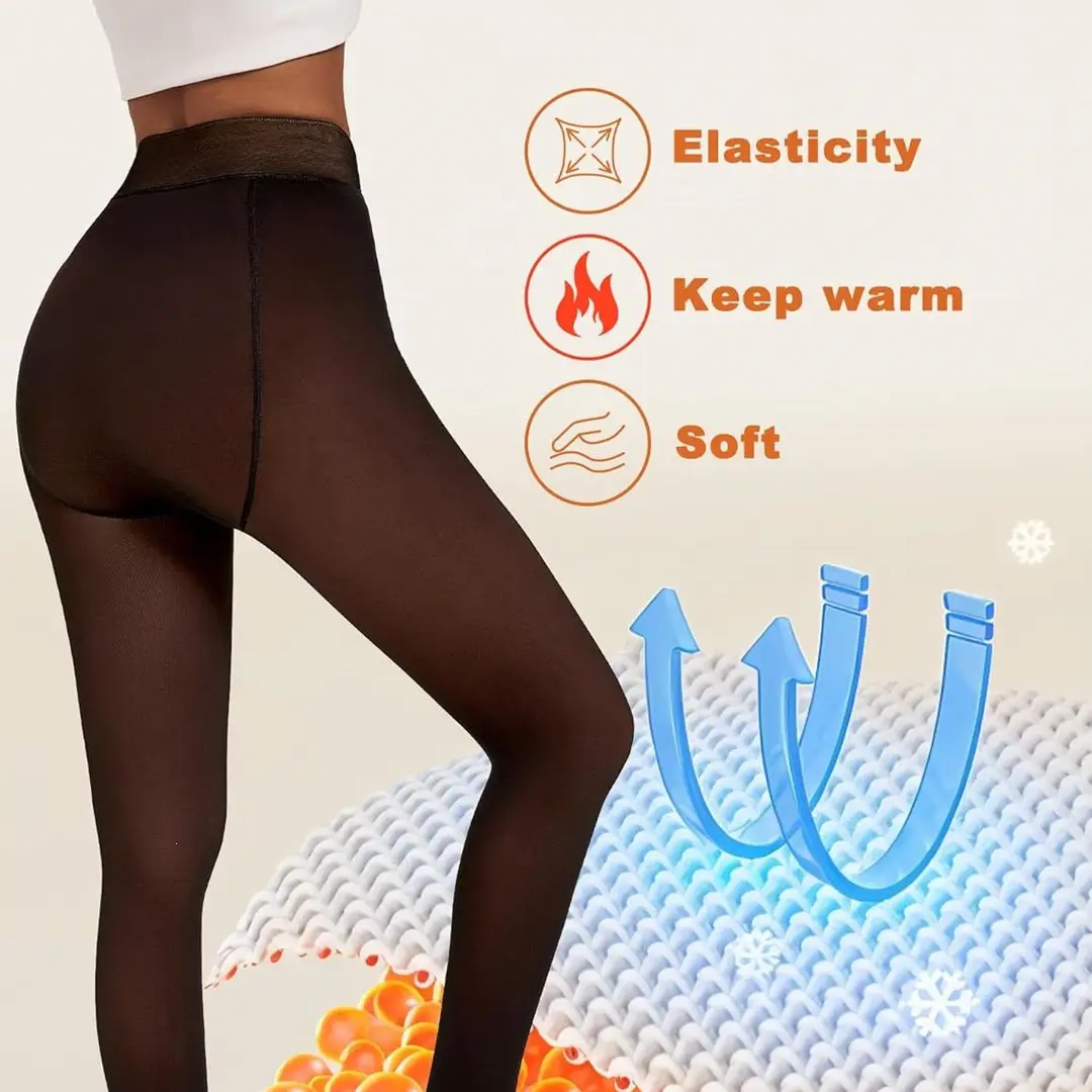 Amazon Cross-Border High-Waisted Tummy Control Faux Sheer Pantyhose Women's Fleece-Lined Faux Translucent Thermal Leggings