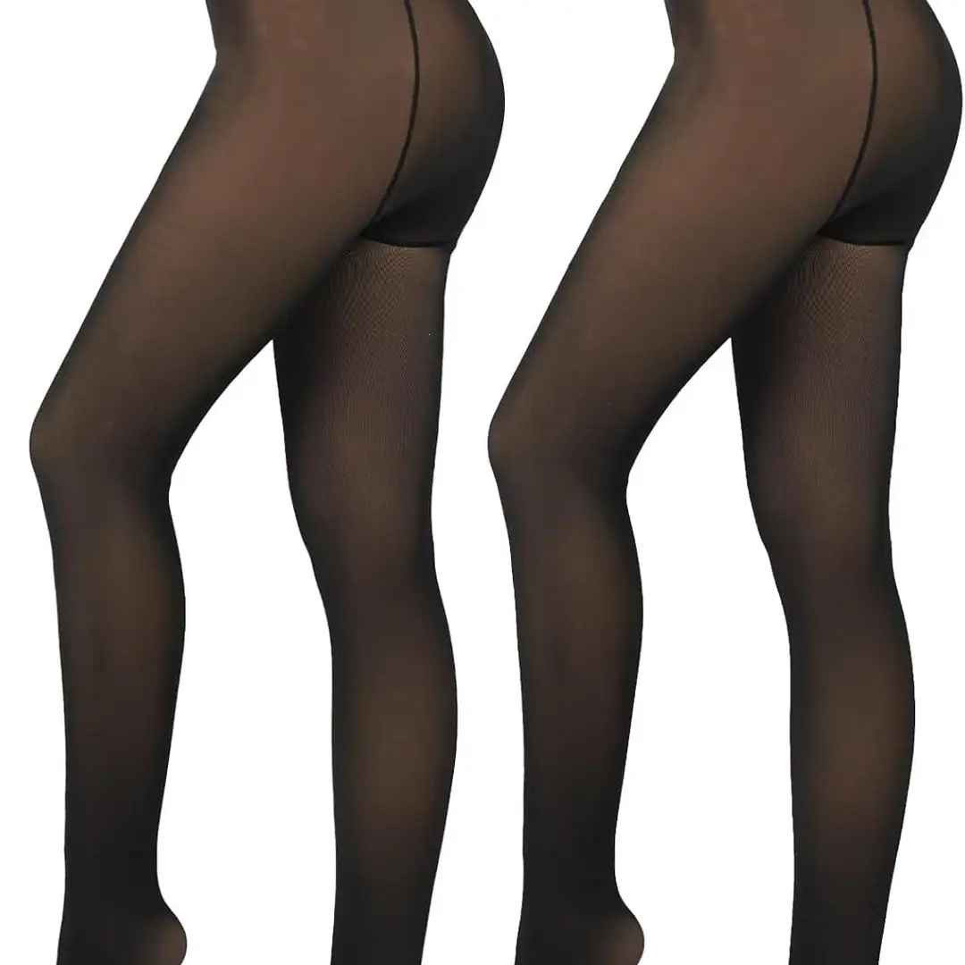 European and American Cross-Border Women's Faux Silk Black Sheer Leggings with Fleece Lining, Plus Size, Black and Dark Brown