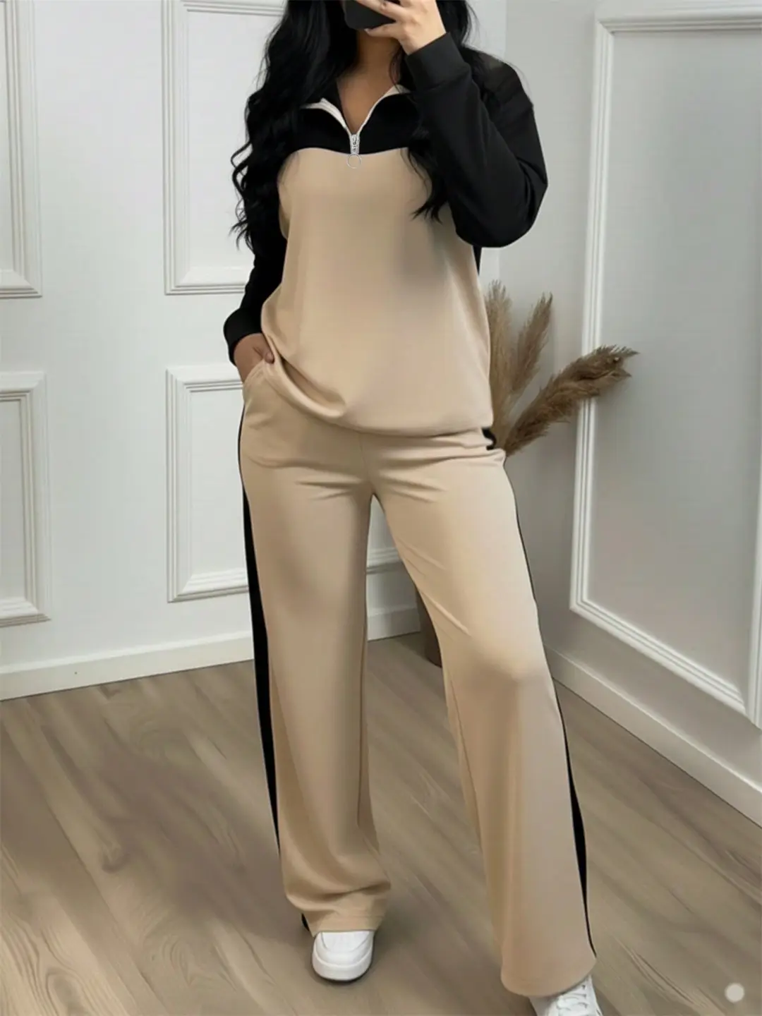 Amazon's best-selling spring and autumn item: simple collared loose top paired with wide-leg pants, women's fashion set