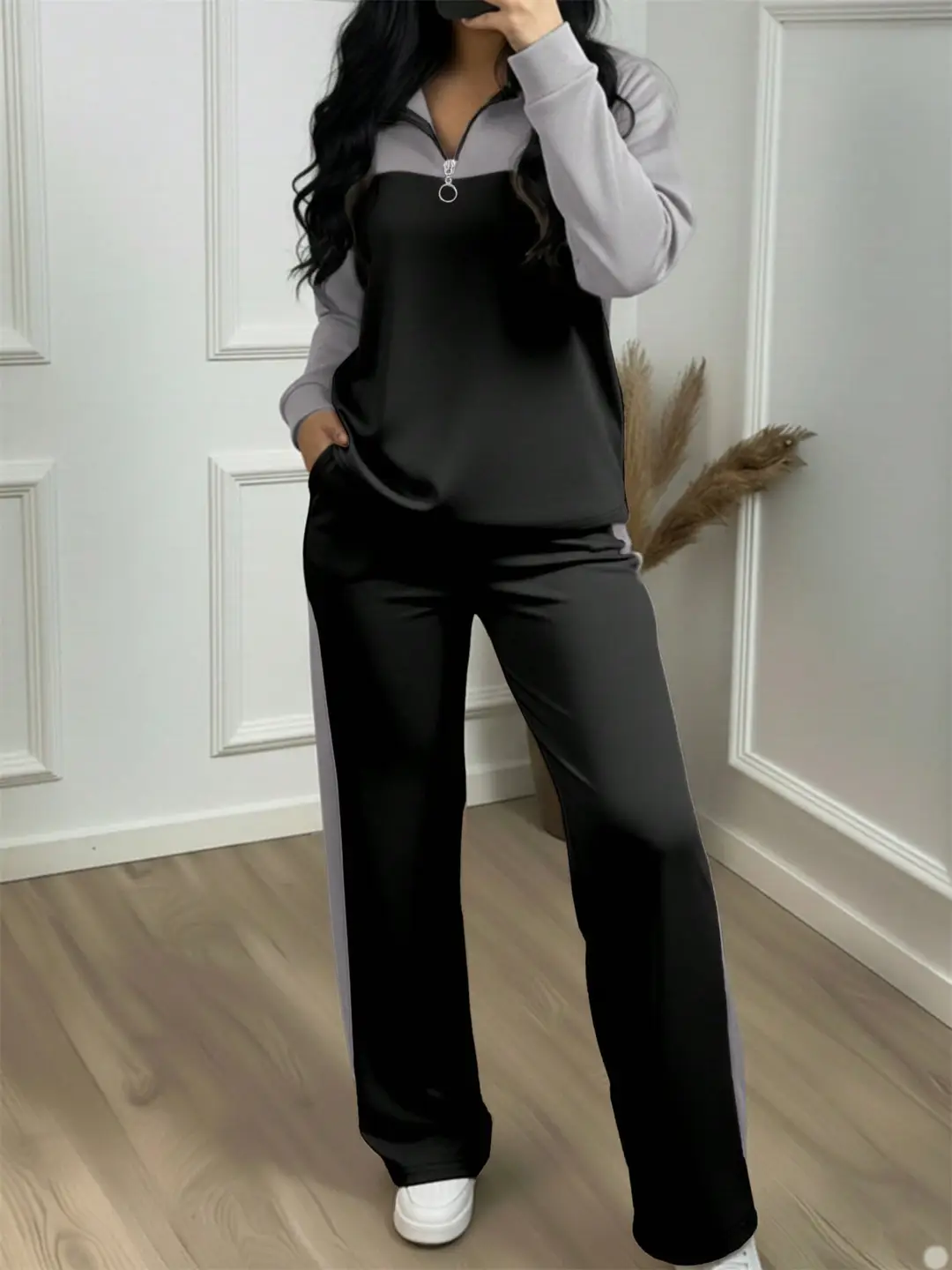 Amazon's best-selling spring and autumn item: simple collared loose top paired with wide-leg pants, women's fashion set