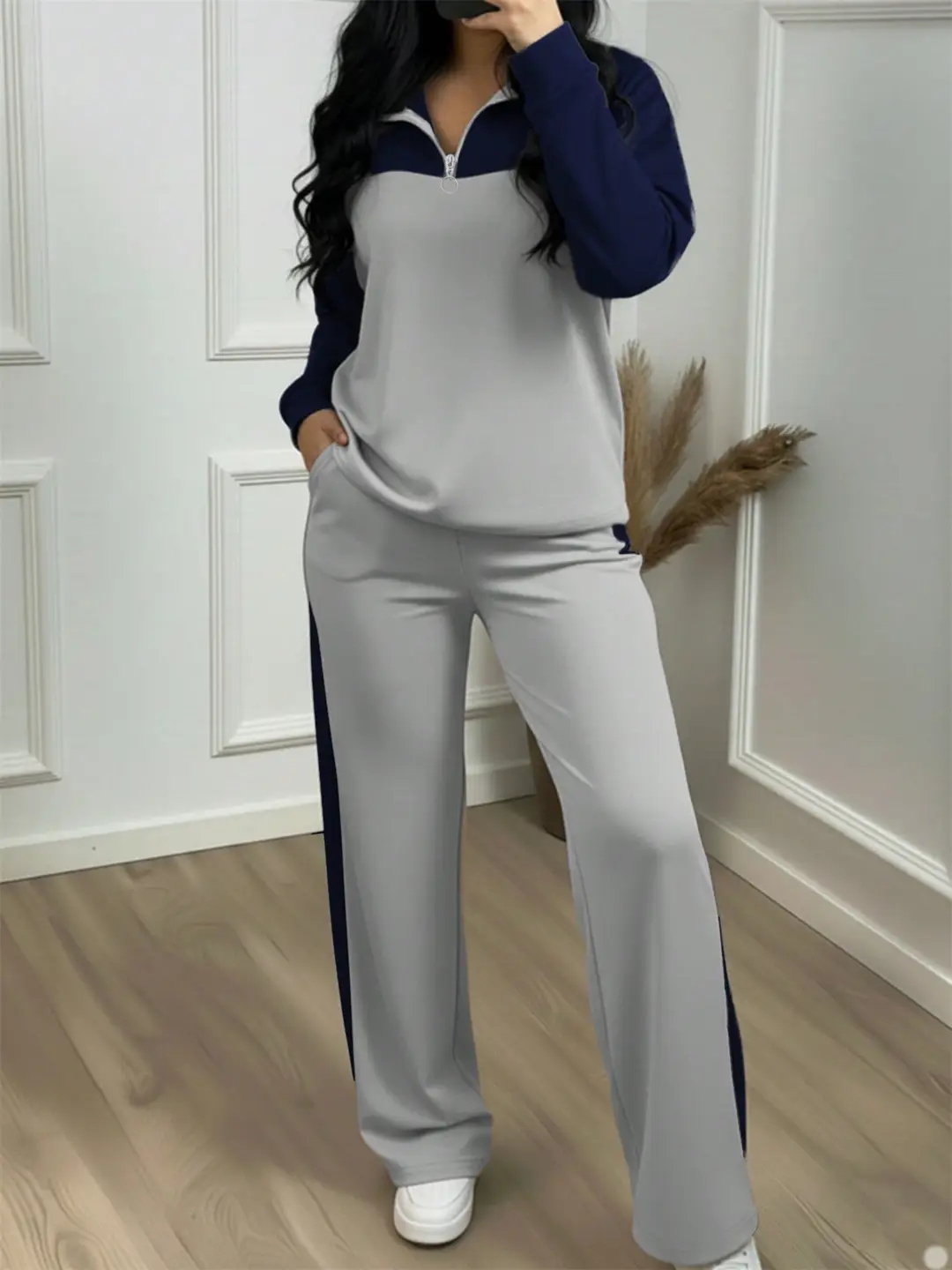Amazon's best-selling spring and autumn item: simple collared loose top paired with wide-leg pants, women's fashion set