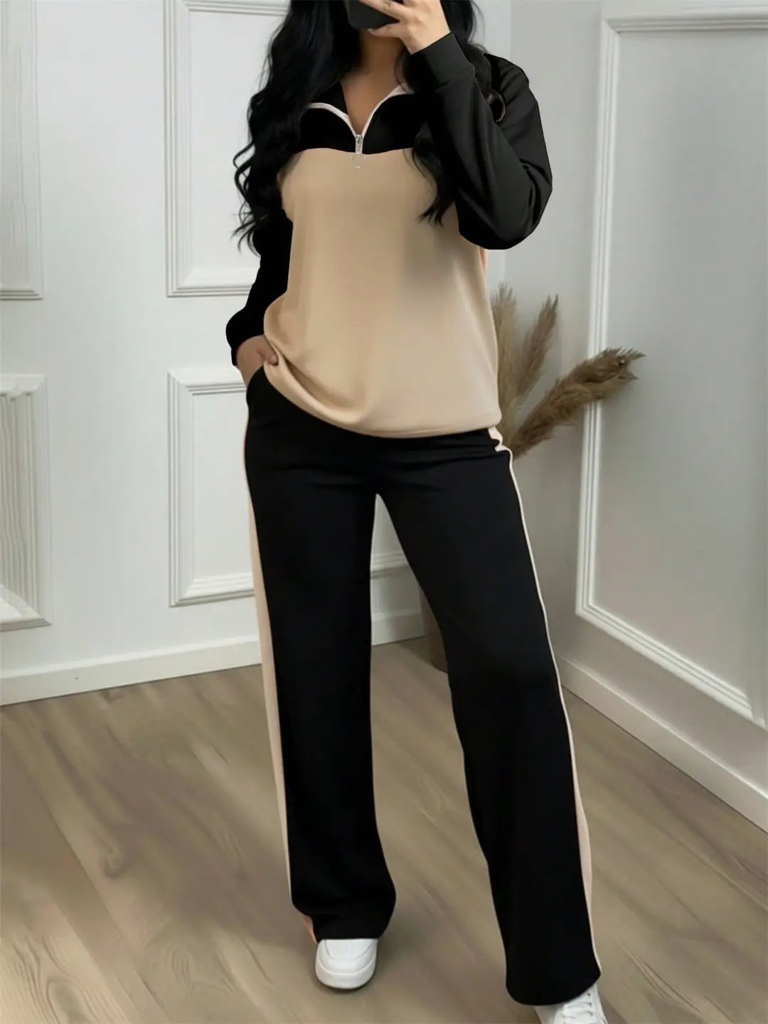Amazon's best-selling spring and autumn item: simple collared loose top paired with wide-leg pants, women's fashion set — feature 12