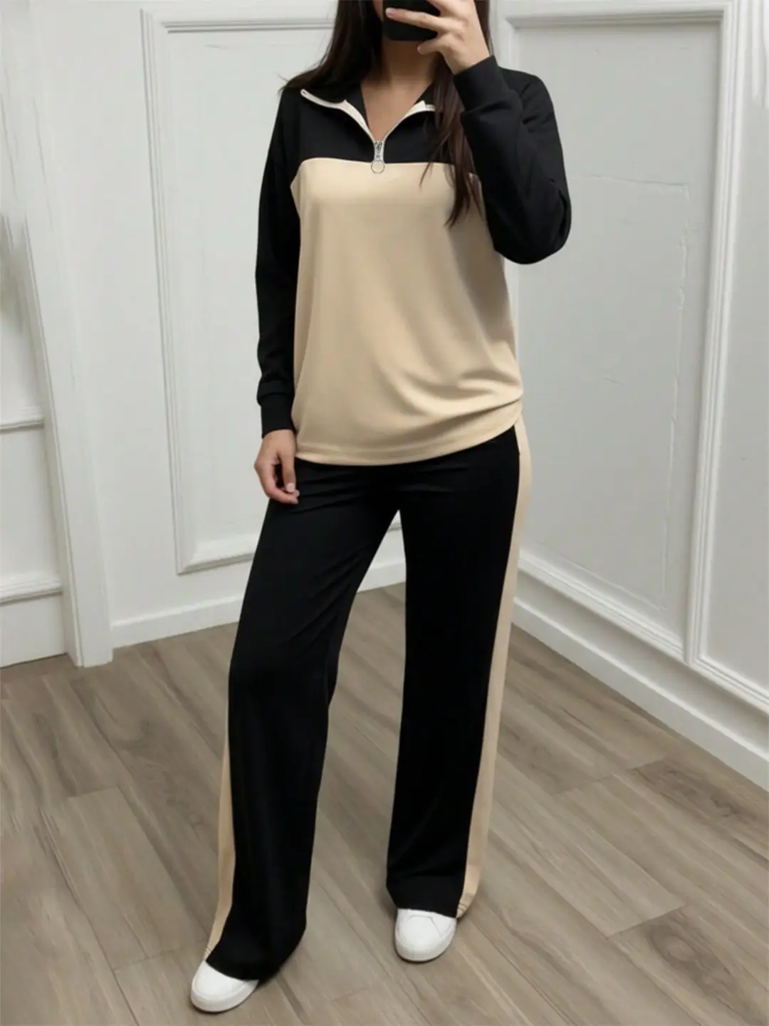 Amazon's best-selling spring and autumn item: simple collared loose top paired with wide-leg pants, women's fashion set — feature 13