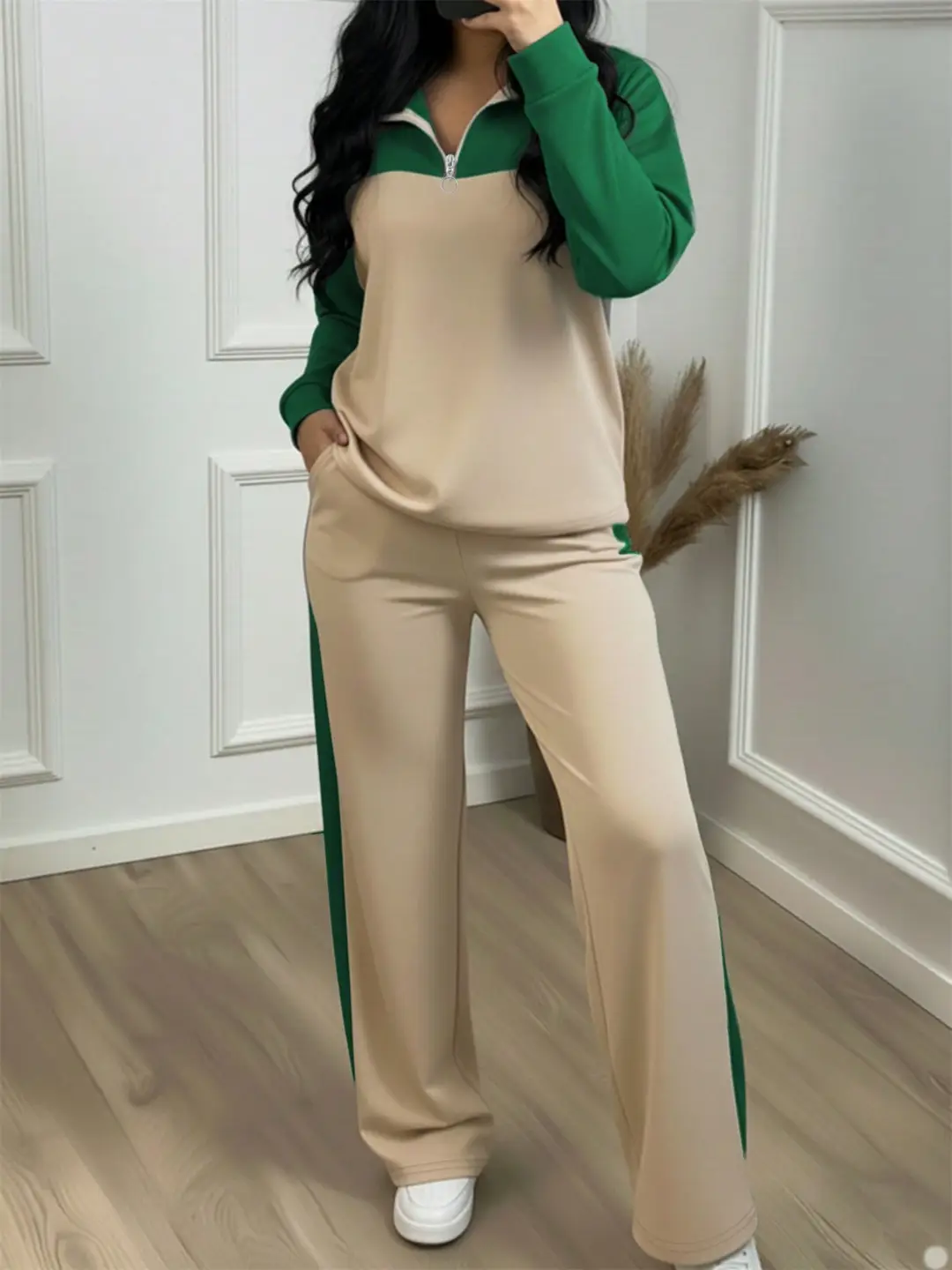 Amazon's best-selling spring and autumn item: simple collared loose top paired with wide-leg pants, women's fashion set — feature 16