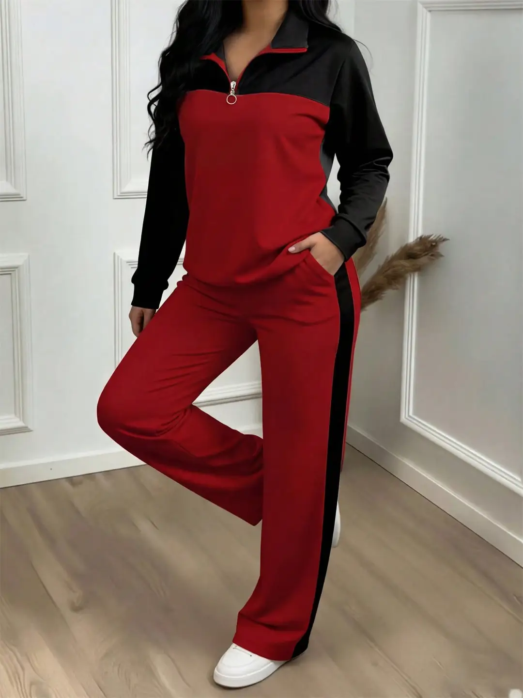 Amazon's best-selling spring and autumn item: simple collared loose top paired with wide-leg pants, women's fashion set — feature 33