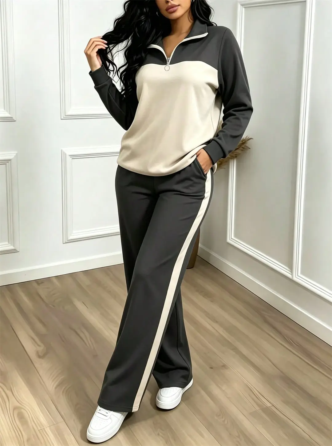 Amazon's best-selling spring and autumn item: simple collared loose top paired with wide-leg pants, women's fashion set — feature 40