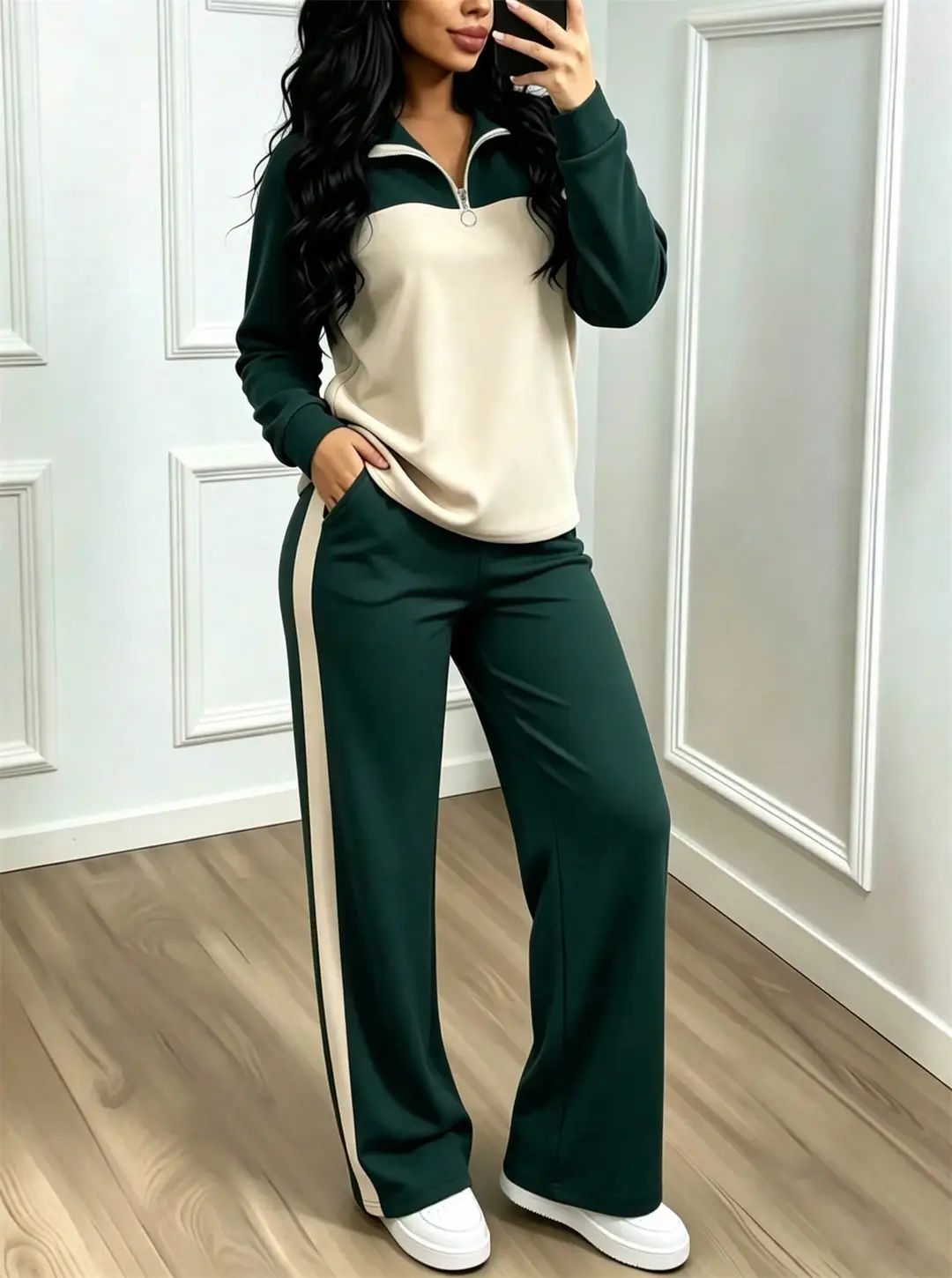 Amazon's best-selling spring and autumn item: simple collared loose top paired with wide-leg pants, women's fashion set — feature 42