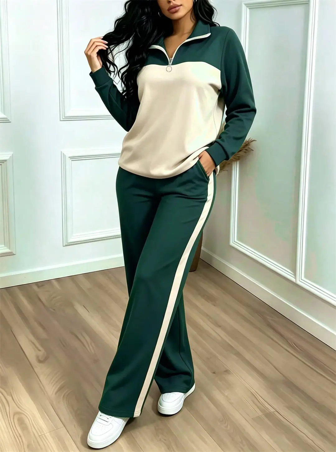 Amazon's best-selling spring and autumn item: simple collared loose top paired with wide-leg pants, women's fashion set — feature 43