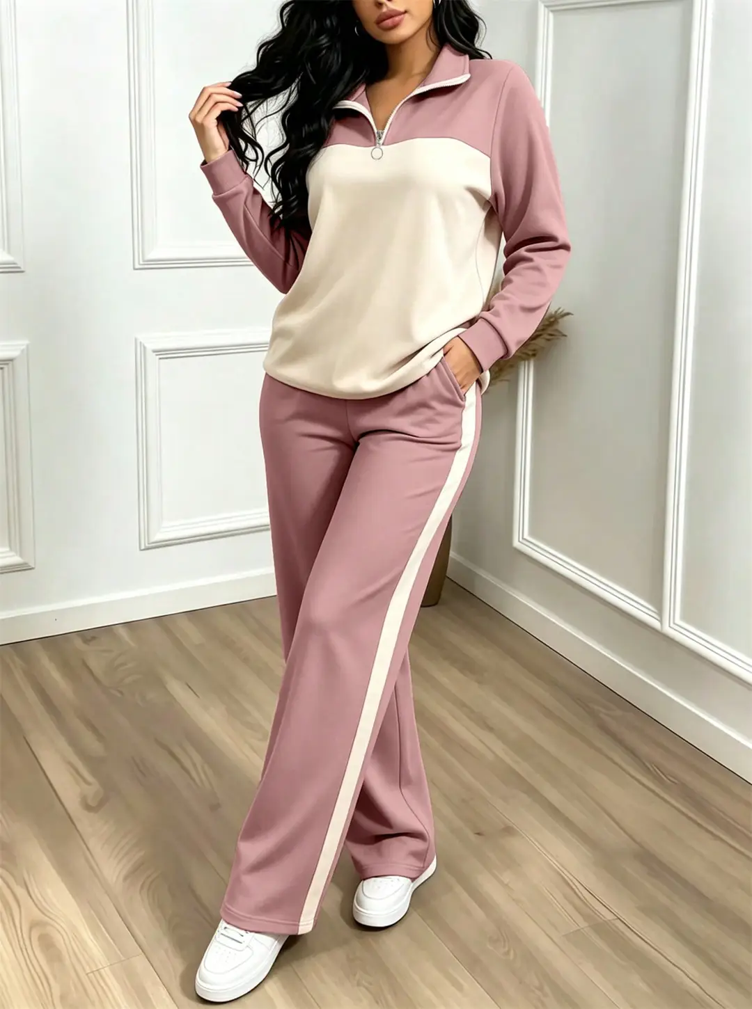 Amazon's best-selling spring and autumn item: simple collared loose top paired with wide-leg pants, women's fashion set — feature 46
