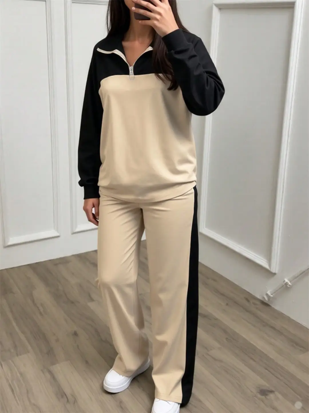 Amazon's best-selling spring and autumn item: simple collared loose top paired with wide-leg pants, women's fashion set — feature 5