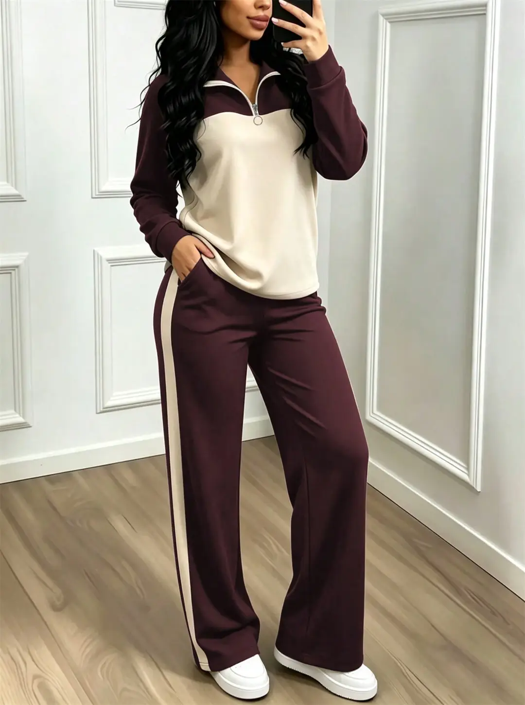 Amazon's best-selling spring and autumn item: simple collared loose top paired with wide-leg pants, women's fashion set