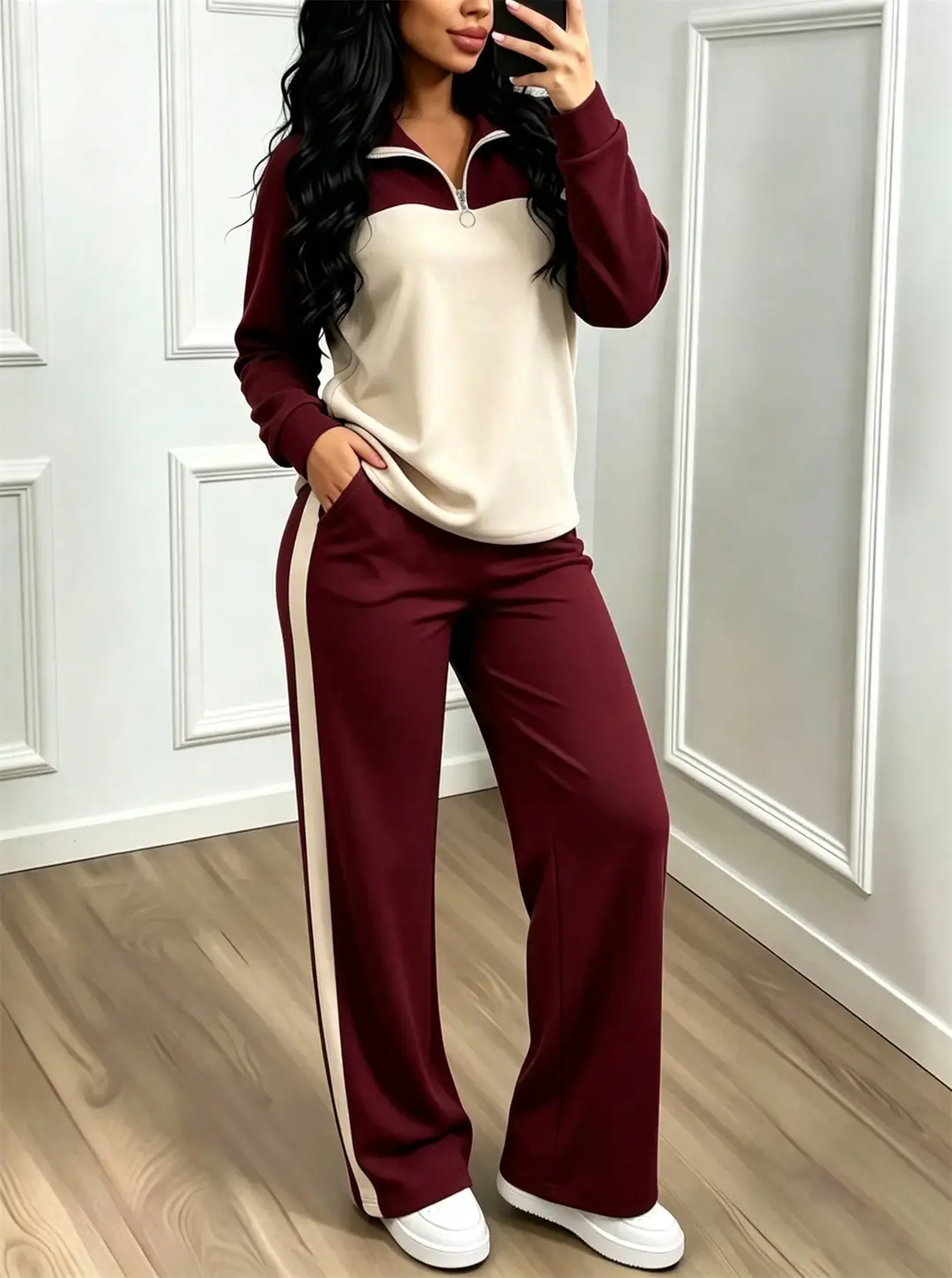 Amazon's best-selling spring and autumn item: simple collared loose top paired with wide-leg pants, women's fashion set