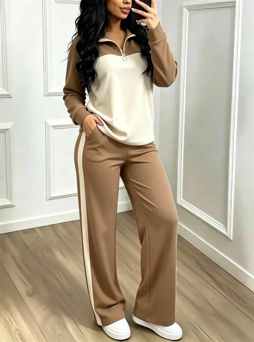 Amazon's best-selling spring and autumn item: simple collared loose top paired with wide-leg pants, women's fashion set