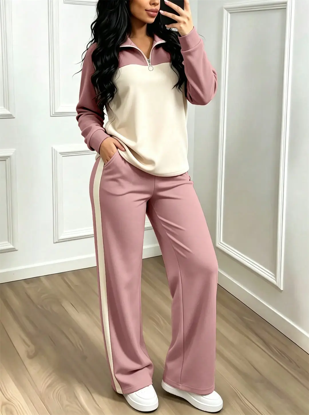 Amazon's best-selling spring and autumn item: simple collared loose top paired with wide-leg pants, women's fashion set