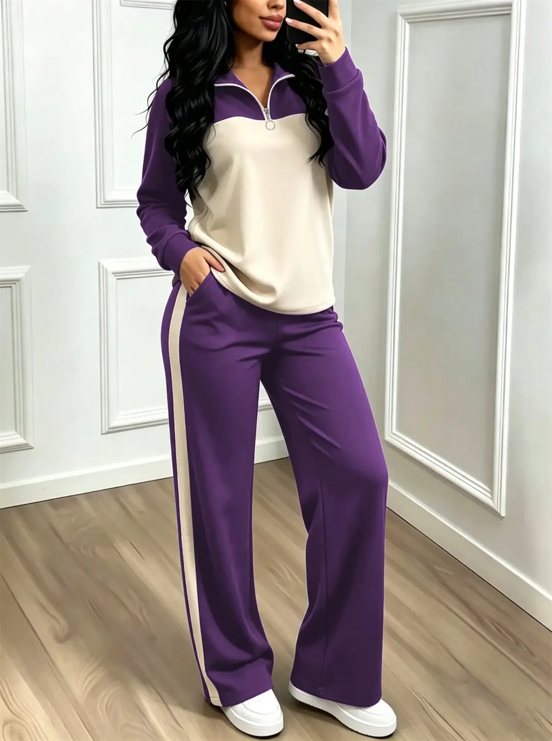 Amazon's best-selling spring and autumn item: simple collared loose top paired with wide-leg pants, women's fashion set