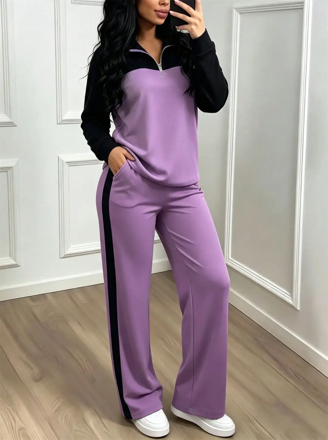 Amazon's best-selling spring and autumn item: simple collared loose top paired with wide-leg pants, women's fashion set