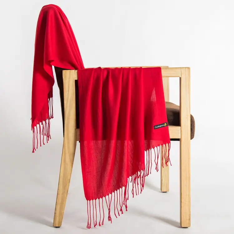 250g Plain Imitation Cashmere Scarf for Women with Tassels, Embroidered Event Gift, Red Annual Meeting Scarf
