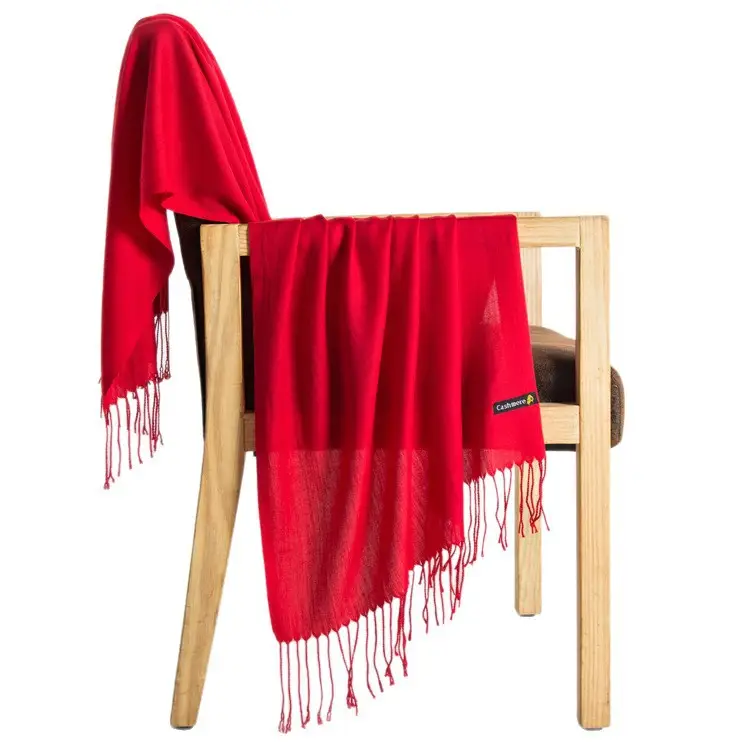 250g Plain Imitation Cashmere Scarf for Women with Tassels, Embroidered Event Gift, Red Annual Meeting Scarf