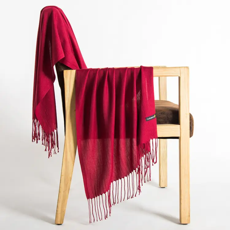 250g Plain Imitation Cashmere Scarf for Women with Tassels, Embroidered Event Gift, Red Annual Meeting Scarf