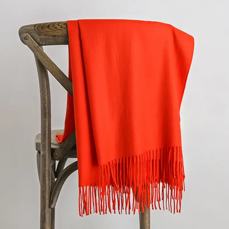 250g Plain Imitation Cashmere Scarf for Women with Tassels, Embroidered Event Gift, Red Annual Meeting Scarf