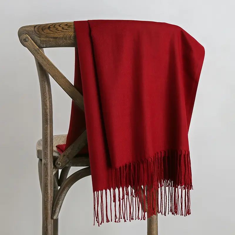 250g Plain Imitation Cashmere Scarf for Women with Tassels, Embroidered Event Gift, Red Annual Meeting Scarf