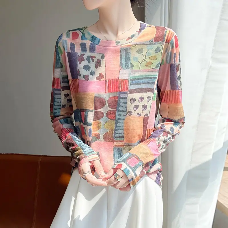 2026 Spring/Summer Women's New Short Round Neck Loose Fit Printed Long Sleeve Pattern Design Versatile Sun Protection Base Shirt Top