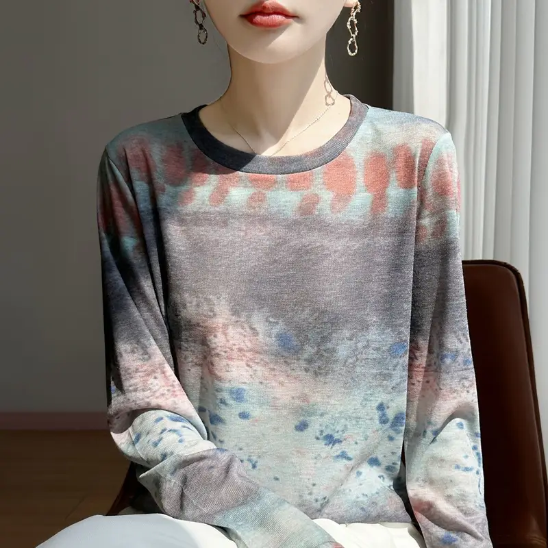 2026 Spring/Summer Women's New Short Round Neck Loose Fit Printed Long Sleeve Pattern Design Versatile Sun Protection Base Shirt Top