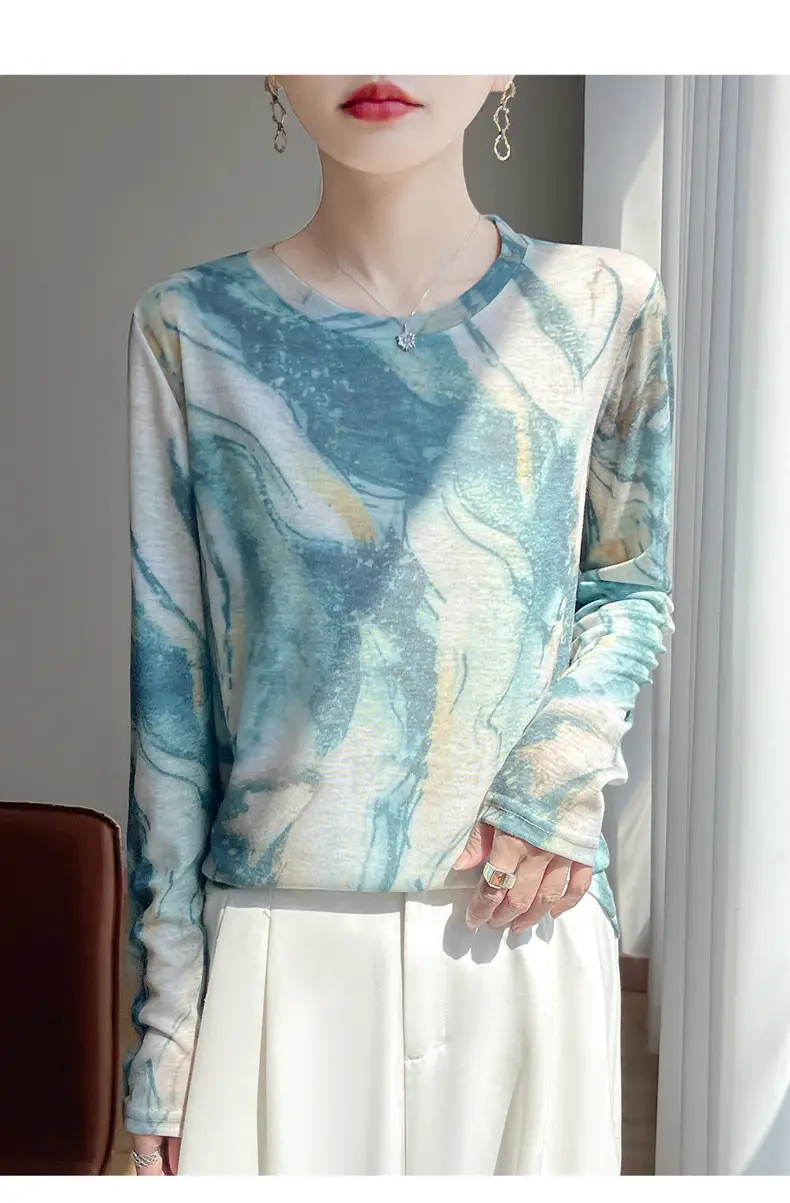 2026 Spring/Summer Women's New Short Round Neck Loose Fit Printed Long Sleeve Pattern Design Versatile Sun Protection Base Shirt Top — feature 10