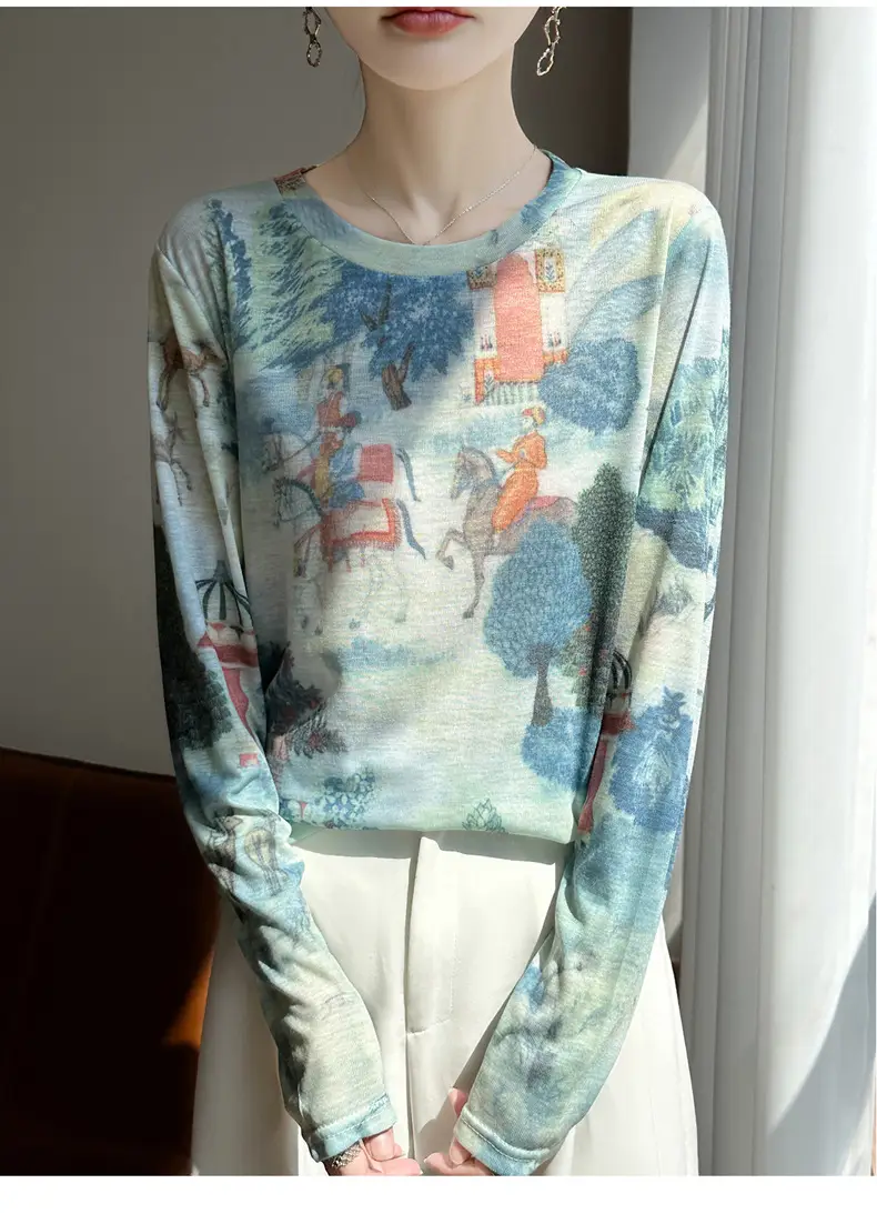 2026 Spring/Summer Women's New Short Round Neck Loose Fit Printed Long Sleeve Pattern Design Versatile Sun Protection Base Shirt Top — feature 2