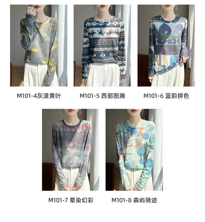2026 Spring/Summer Women's New Short Round Neck Loose Fit Printed Long Sleeve Pattern Design Versatile Sun Protection Base Shirt Top — feature 4