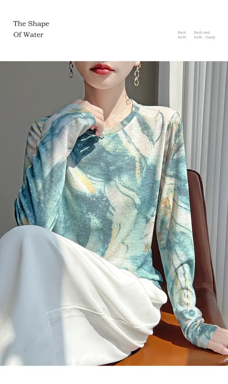 2026 Spring/Summer Women's New Short Round Neck Loose Fit Printed Long Sleeve Pattern Design Versatile Sun Protection Base Shirt Top — feature 9