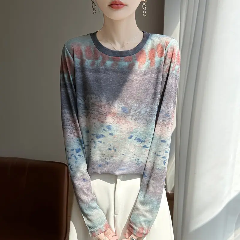 2026 Spring/Summer Women's New Short Round Neck Loose Fit Printed Long Sleeve Pattern Design Versatile Sun Protection Base Shirt Top