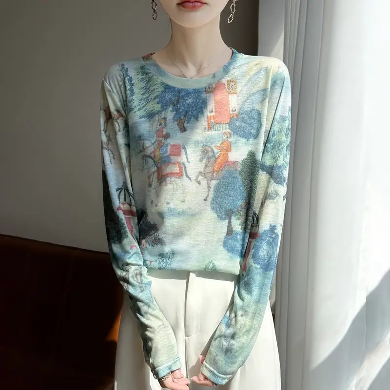 2026 Spring/Summer Women's New Short Round Neck Loose Fit Printed Long Sleeve Pattern Design Versatile Sun Protection Base Shirt Top