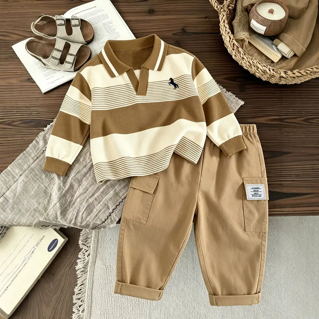 2026 New Children's Outfit: Spring and Autumn Long-Sleeve Striped Boys' Casual Versatile Cargo Pants Trendy Two-Piece Children's Clothing Set