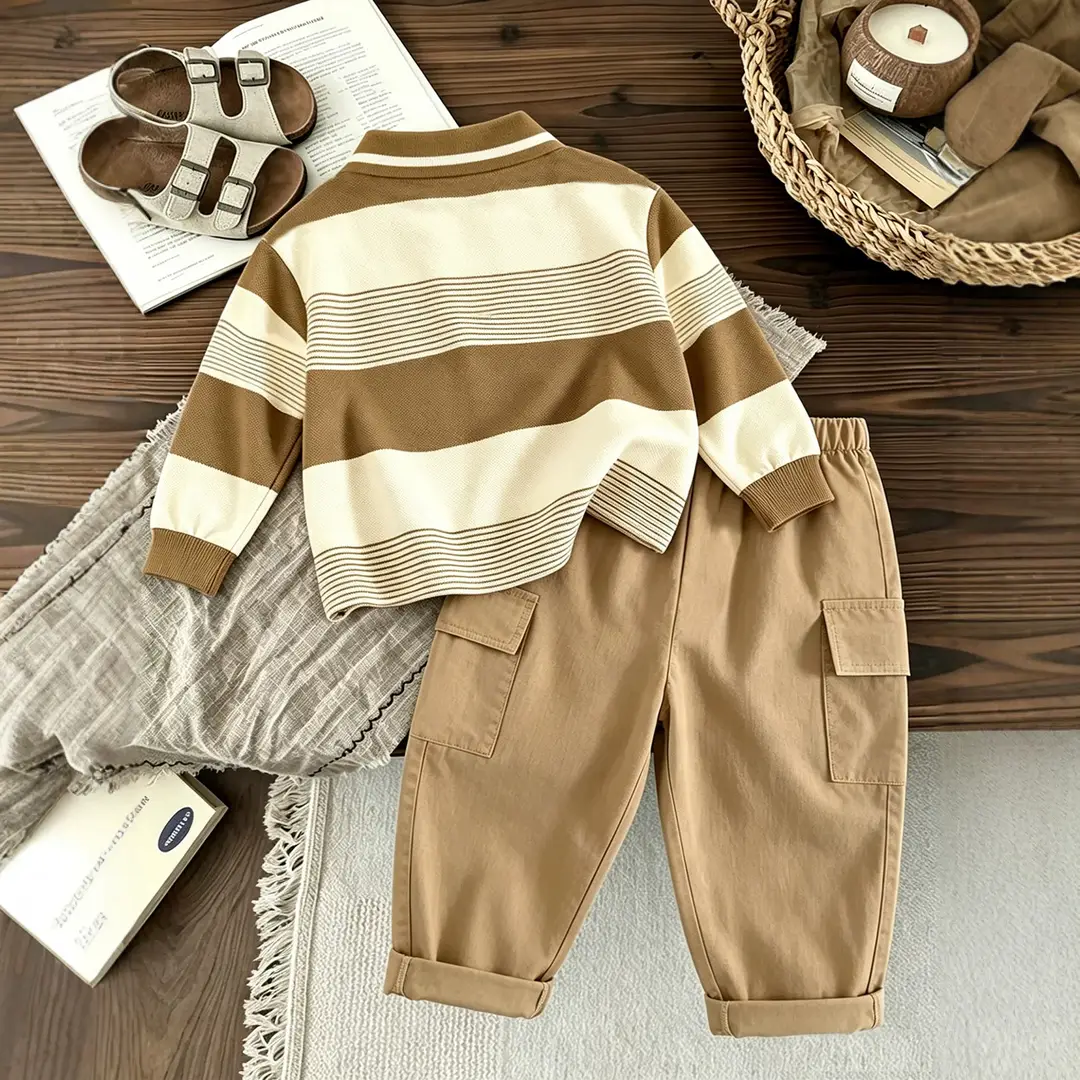 2026 New Children's Outfit: Spring and Autumn Long-Sleeve Striped Boys' Casual Versatile Cargo Pants Trendy Two-Piece Children's Clothing Set