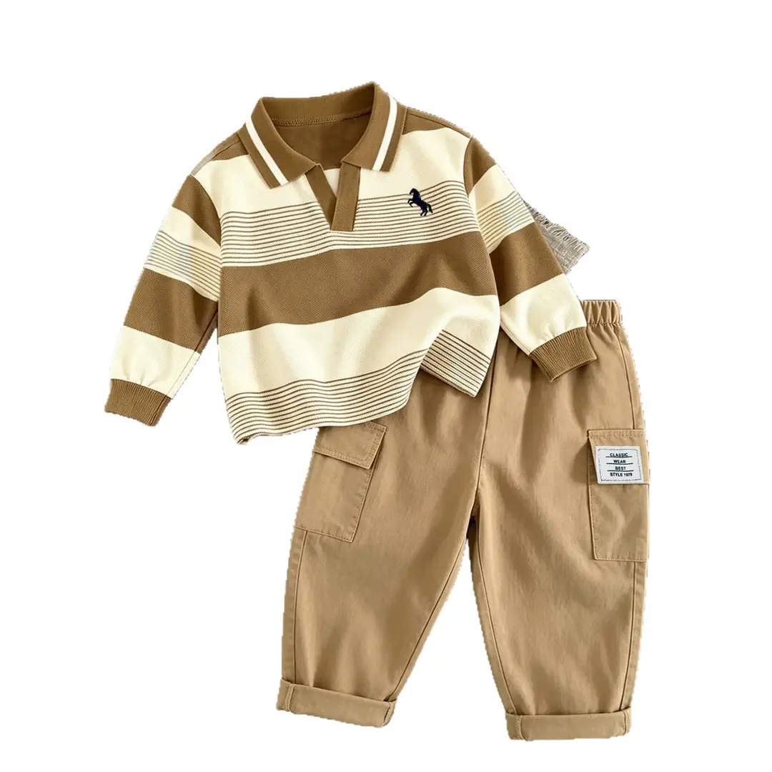 2026 New Children's Outfit: Spring and Autumn Long-Sleeve Striped Boys' Casual Versatile Cargo Pants Trendy Two-Piece Children's Clothing Set