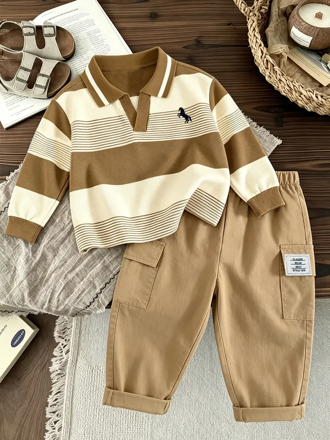 2026 New Children's Outfit: Spring and Autumn Long-Sleeve Striped Boys' Casual Versatile Cargo Pants Trendy Two-Piece Children's Clothing Set — feature 3
